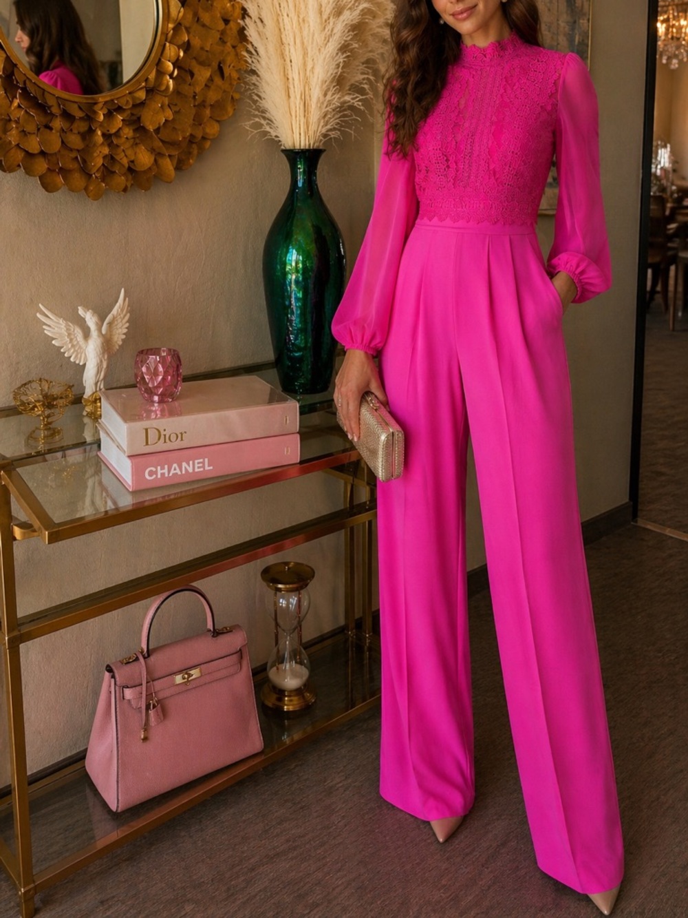 Emprada High-Neck Hot Pink Lace Bodice Wide-Leg Jumpsuit